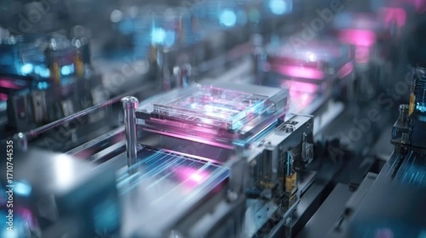 Fototapeta A futuristic, automated assembly line with robotic arms manufacturing glowing processors or microchips in a smart factory. A concept for Industry 4.0, AI, and advanced technology.