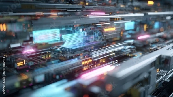 Fototapeta A futuristic, automated assembly line with robotic arms manufacturing glowing processors or microchips in a smart factory. A concept for Industry 4.0, AI, and advanced technology.