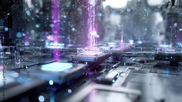 Fototapeta A futuristic, automated assembly line with robotic arms manufacturing glowing processors or microchips in a smart factory. A concept for Industry 4.0, AI, and advanced technology.