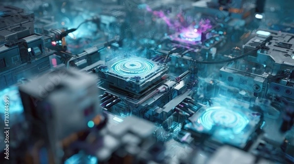 Fototapeta A futuristic, automated assembly line with robotic arms manufacturing glowing processors or microchips in a smart factory. A concept for Industry 4.0, AI, and advanced technology.