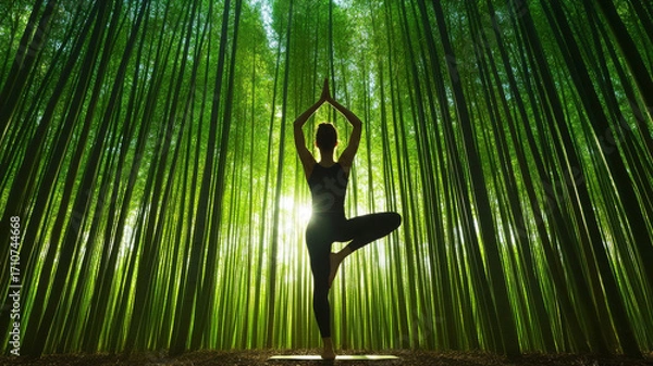 Fototapeta Yoga practitioner balancing one foot tranquil bamboo forest with sunlight streaming through trees