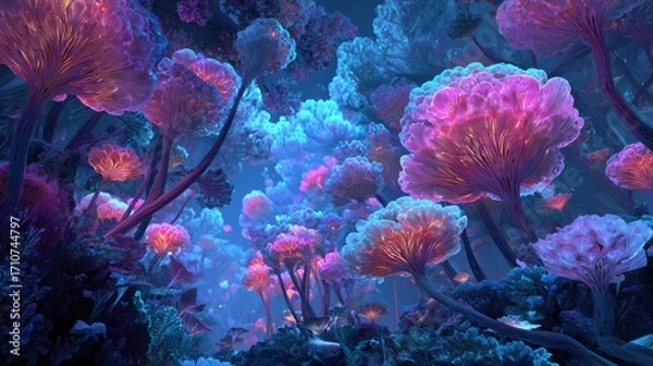 Fototapeta A fantasy landscape of glowing bioluminescent mushrooms in an enchanted forest at night. A whimsical and magical scene with vibrant neon colors, like an alien jungle.
