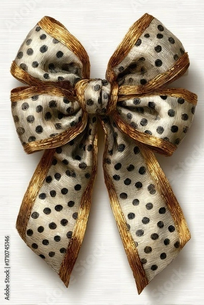 Fototapeta An elegant illustration of a decorative golden-brown ribbon bow with a white polka dot pattern. A classic and ornate design element for gift wrapping, Christmas,