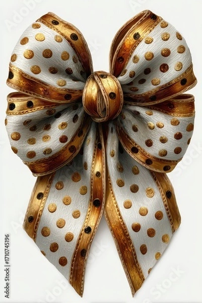 Fototapeta An elegant illustration of a decorative golden-brown ribbon bow with a white polka dot pattern. A classic and ornate design element for gift wrapping, Christmas,