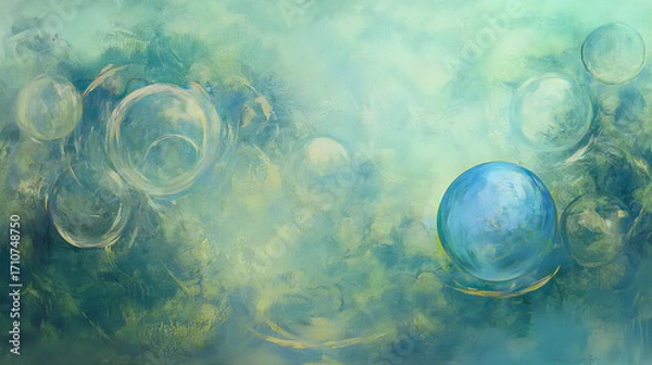 Fototapeta Abstract artistic background with floating blue bubbles and transparent spheres in water and oil texture, modern liquid shapes with light reflections and vibrant colors