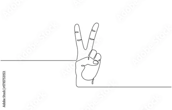 Fototapeta Continuous one line drawing of a hand with two fingers raised as a peace sign on transparent background. Vector illustration.