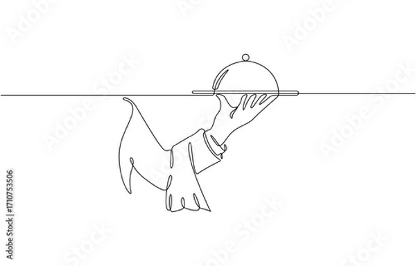 Fototapeta Continuous one line drawing of hand holding tray. Waiter hand holding tray in single line drawing , vector illustration on transparent background.