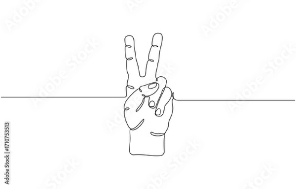Fototapeta Continuous one line drawing of a hand with two fingers raised as a peace sign on transparent background. Vector illustration.
