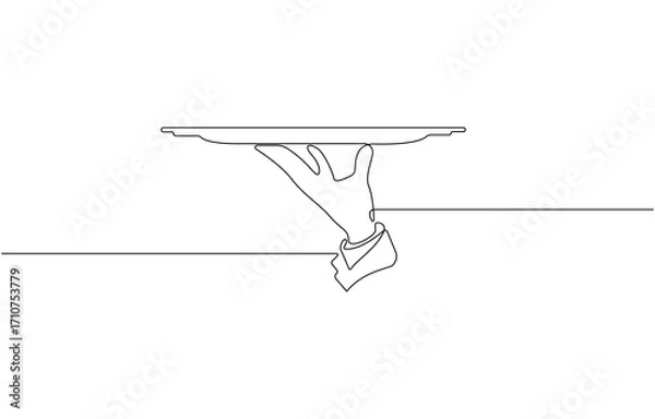 Fototapeta Continuous one line drawing of hand holding tray. Waiter hand holding tray in single line drawing , vector illustration on transparent background.