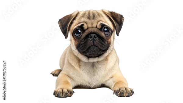 Fototapeta Playful pug puppy with big eyes lying isolated on transparent background