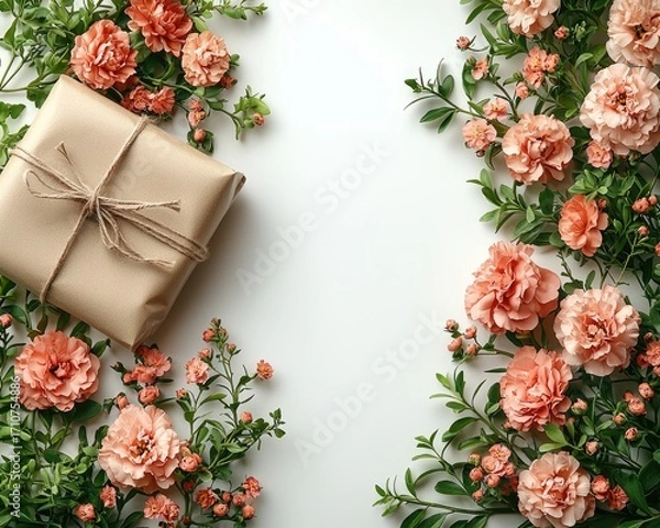 Obraz Gift surrounded by delicate pink carnations