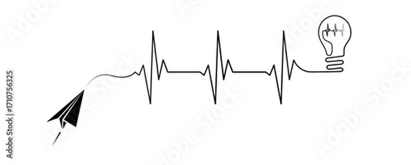 Fototapeta Abstract paper plane origami airplane, ekg shape route, light bulb vector. Creative medical science concept design to use for cardiology, healthcare business projects.