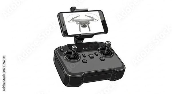 Fototapeta A sleek drone controller, complete with a smartphone displaying a drones view, ready for aerial adventures and photography