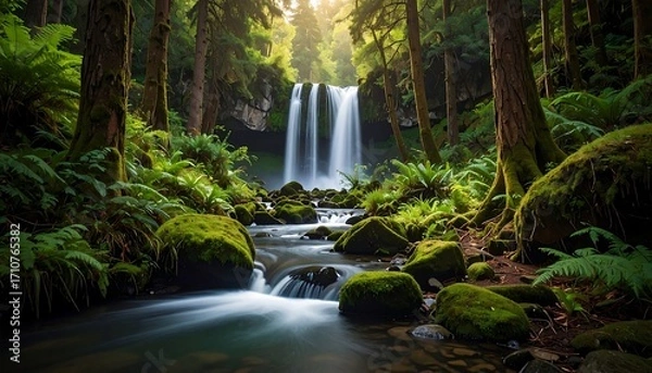 Fototapeta Tranquil waterfall cascading through lush rainforest