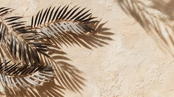 Fototapeta Tropical palm leaf shadows on textured beige wall in warm sunlight creating a natural summer background