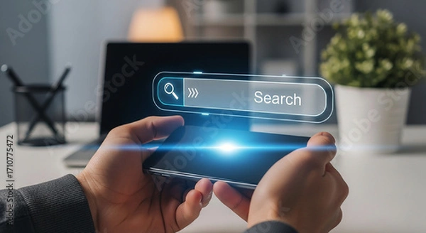 Fototapeta Mobile Search Hands Holding Smartphone with Glowing Search Bar Online Exploration App Navigation Digital Lifestyle