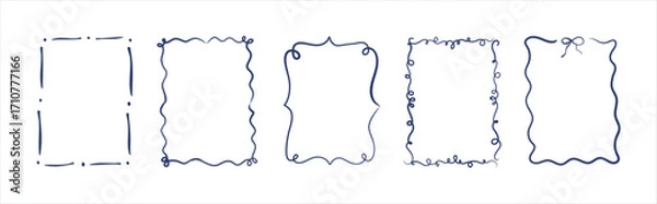 Fototapeta Set of whimsical hand-drawn frames with wavy and curly ribbons in trendy vintage style for birthday, Christmas, wedding invitations and cards.  doodle bows and ribbons, coquette bow details