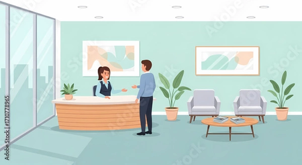 Fototapeta Professional Receptionist Interacting with a Client in a Modern Office Waiting Area