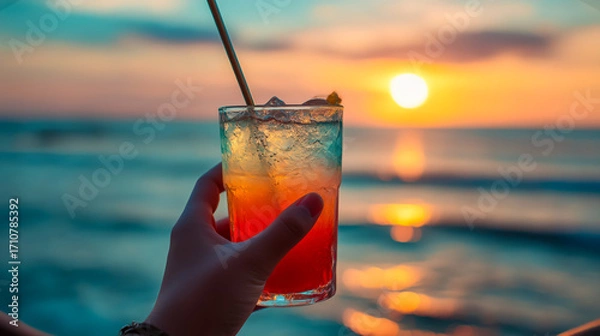 Fototapeta Sunset cocktail raised above ocean, hand holds chilled cocktail in tall glass with straw, ice glows with gradient hues as waves sparkle, cocktail invites seaside relaxation and summer escape mood