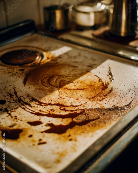 Fototapeta Greasy stovetop with brown splashes; stovetop surface shows sticky rings, stovetop covered in oil marks and burnt residue, inviting cleaning routine and hygiene focus for home care vibe