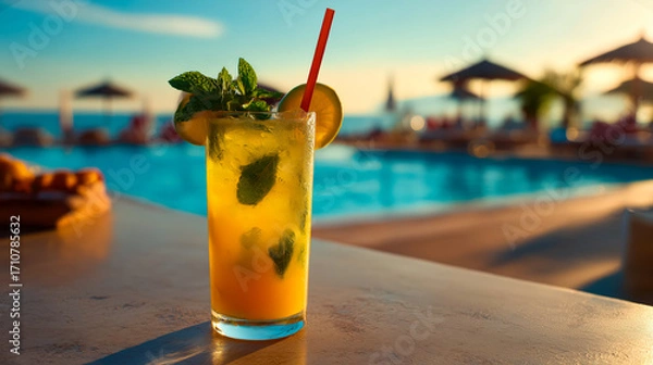 Fototapeta Glass of mango mojito cocktail with lime slice, mint leaves and straw stands on poolside bar with ocean view and parasols at sunset, cocktail glows in golden tones, tropical summer drink concept