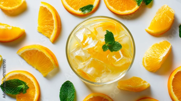 Fototapeta Refreshing citrus drink with orange slices and ice cubes in clear glass, garnished with fresh mint, surrounded by vibrant orange slices and mint leaves, bright and cool summer flat lay