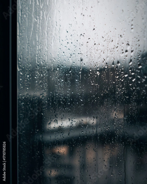 Fototapeta Raindrops on window pane at dusk, raindrops bead on cold glass as raindrops slide in fine streaks, blurred city skyline softens in blue hour, quiet rainy evening mood with cozy introspection vibe