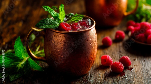 Fototapeta Refreshing raspberry mule with mint leaves and ice served in copper mug, raspberry mule decorated with fresh raspberries on rustic wooden table, cozy cocktail evening refreshment concept