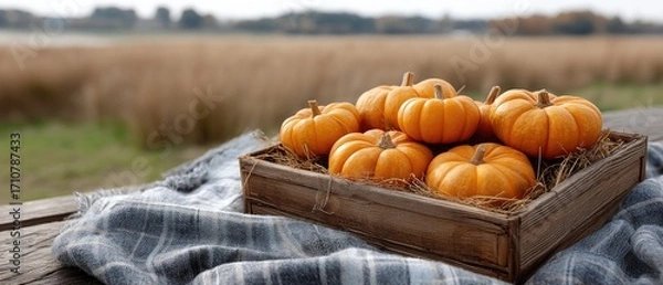 Fototapeta Decorative pumpkins arranged in a wooden crate on a platform, with a blurred autumn landscape creating a peaceful backdrop