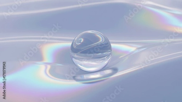Fototapeta A clear glass sphere sits nestled in a soft, undulating surface, reflecting a spectrum of light, creating a serene and ethereal atmosphere