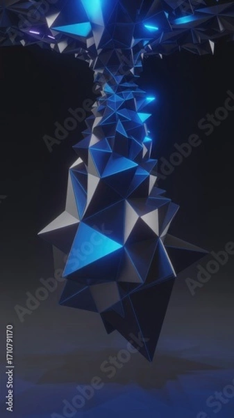 Fototapeta A futuristic abstract geometric shape with blue light emanating from within, suspended in a dark and mysterious space, creating a sense of wonder