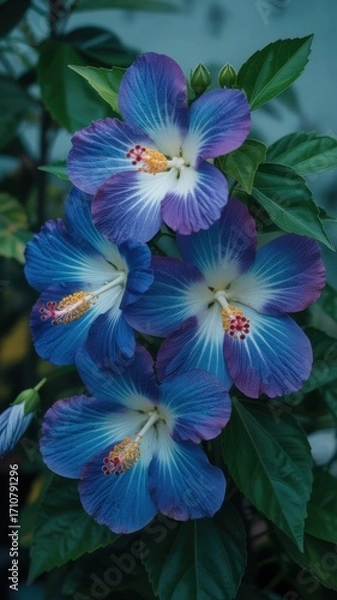 Fototapeta A cluster of vibrant blue hibiscus flowers with white and yellow centers, surrounded by lush green leaves, creating a captivating floral display