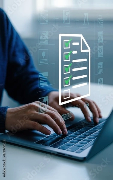 Fototapeta Closeup of a person using a laptop with a digital document icon floating above the keyboard, representing online forms and document management