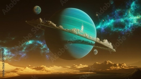 Fototapeta A mesmerizing view of a gas giant planet with rings and moons hovering above a surreal landscape, bathed in the glow of distant nebulae