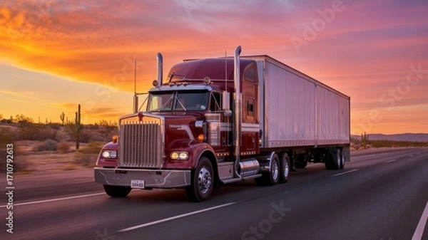 Fototapeta A powerful semitruck speeds down a desert highway at sunset, symbolizing transportation, logistics, and the open road under a fiery sky