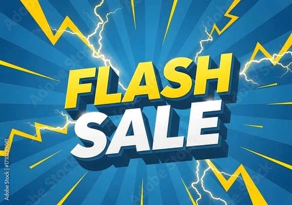 Fototapeta Dynamic flash sale announcement with electric lightning bolts and bold typography on a blue background