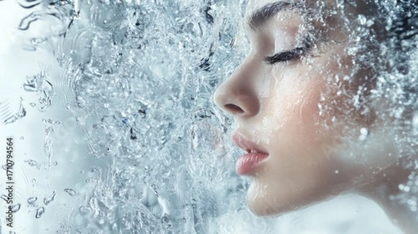 Fototapeta Model posing gracefully with water streaming down her face in a serene indoor setting during a fashion shoot