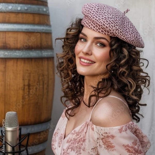 Fototapeta A beautiful singer with curly hair and a pink beret performs in front of a microphone and a wine barrel, exuding charm and talent