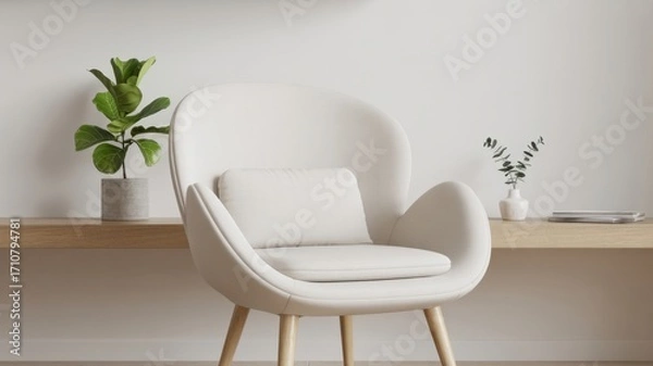 Fototapeta A cozy white armchair with a cushion sits in a minimalist room, complemented by a plant and a wooden shelf, creating a serene space