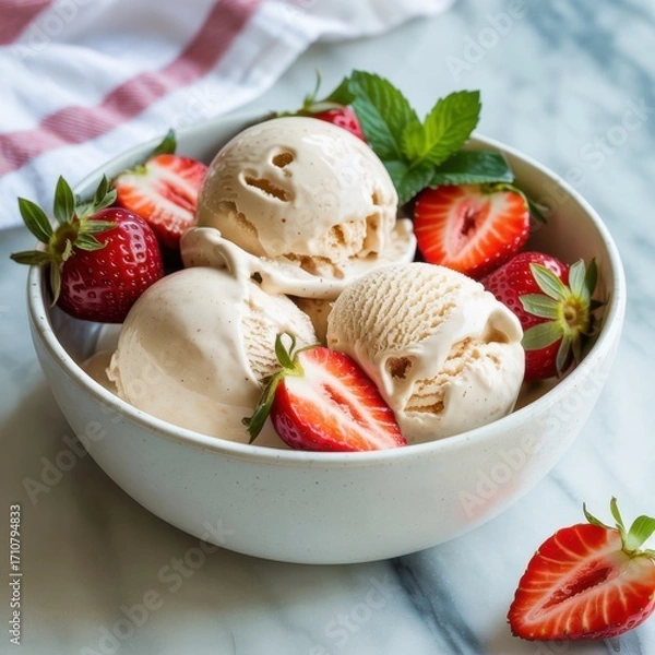 Fototapeta Bowl of homemade vanilla ice cream with fresh strawberries and mint leaves, a delightful summer treat on a marble surface, ready to be enjoyed