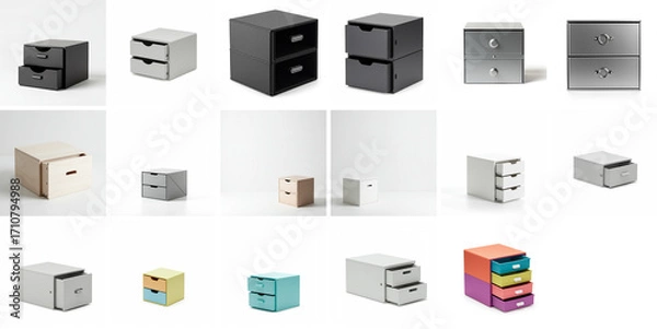 Fototapeta collection of minimalist foldable drawer cube isolated on white in various colors and styles  
