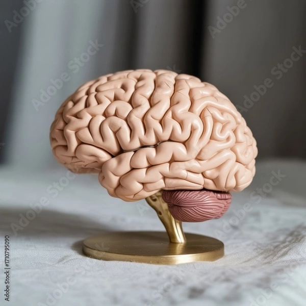 Fototapeta Anatomical model of a human brain on a stand, showcasing the complexity of the organ and its role in cognitive function and health