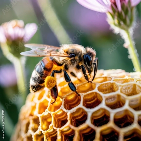 Fototapeta Closeup of a bee on a honeycomb, highlighting the intricate structure and the bees role in honey production and pollination process