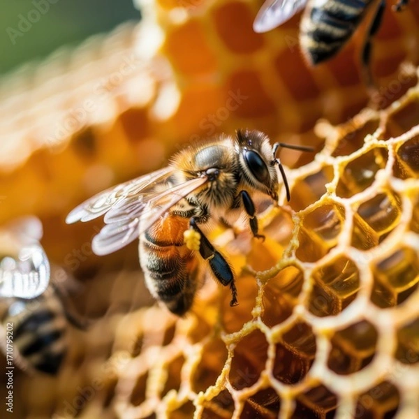 Fototapeta A closeup of a bee on a honeycomb, showcasing the intricate details of the hive and the bees role in honey production