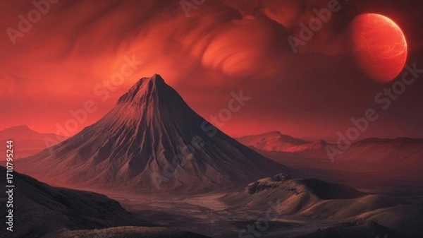 Fototapeta A breathtaking alien landscape featuring a towering mountain under a red sky with a planet in the background, evoking a sense of wonder