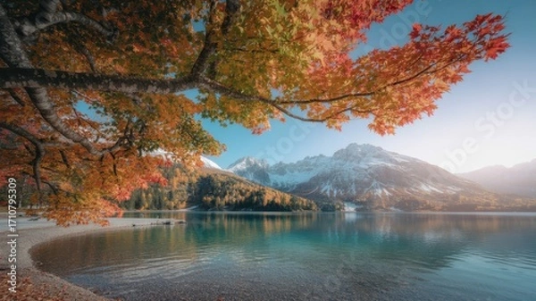 Fototapeta Scenic view of a lake in the alps during autumn, with colorful trees in the foreground and snowcapped mountains in the background, germany