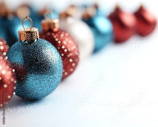 Fototapeta Festive Christmas balls in shades of blue, red and white, arranged in rows, on a light background