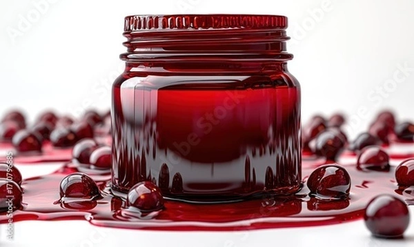 Fototapeta A glossy red jar surrounded by spilled juice and berries