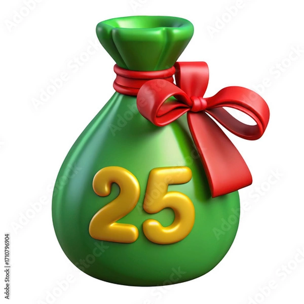 Fototapeta Green gift bag with red ribbon and number 25 icon isolated on transparent background