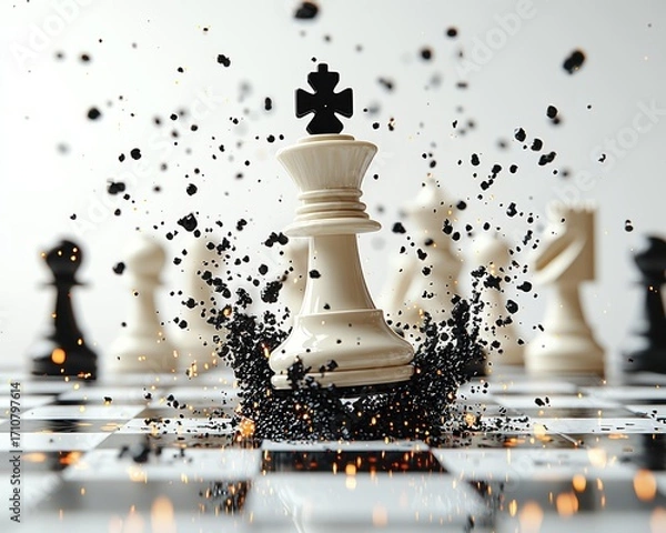 Fototapeta A white chess king exploding in a burst of black particles on a chessboard